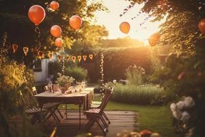 sfeervol schot van een tuin verjaardag partij Bij zonsondergang. generatief ai foto