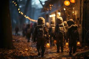 een groep van gekostumeerd kinderen trick-or-behandeling onder een vol maan, gieten lang schaduwen en belichamen de halloween geest. generatief ai foto