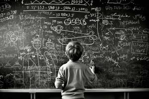 foto van een kind tekening een schoolbord vol van complex wiskundig formules, doen alsof naar worden een docent. generatief ai