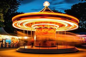 een traditioneel carrousel in beweging, een nietje zicht Bij oktoberfeest. generatief ai foto