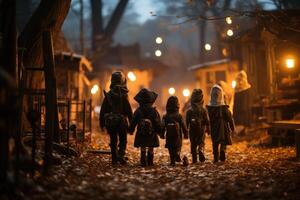 een groep van gekostumeerd kinderen trick-or-behandeling onder een vol maan, gieten lang schaduwen en belichamen de halloween geest. generatief ai foto