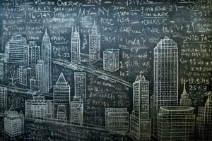 een dichtbij - omhoog schot van een schoolbord, waar wiskundig formules evolueren in een gedetailleerd stadsgezicht tekening. generatief ai foto