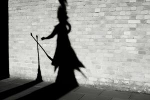 een heks silhouet wezen gips Aan een muur, met de prominent schaduw van een bezemsteel suggereren vlucht. generatief ai foto