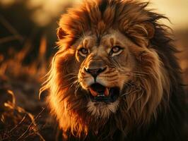 een verbijsterend schot van een brullen leeuw gedurende zonsondergang in de Afrikaanse savanne. generatief ai foto