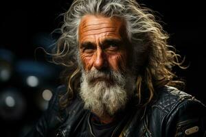 levenslang van avonturen - een dwingend portret van een ouderen motorrijder en zijn wijnoogst motorfiets. generatief ai foto