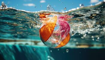 levendig zomer - strand bal stuiteren Aan zwembad water gedurende feest. generatief ai foto