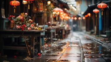 schemer markt - Japans straat markt Bij schemering. generatief ai foto