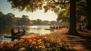 arbeid dag vrije tijd - buitenshuis activiteiten in een openbaar park. generatief ai foto