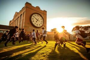 een enorm alarm klok in een schoolplein met kinderen gretig rennen naar het. generatief ai foto