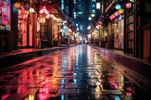 neon reflectie - regenachtig nacht in een levendig tokyo straat. generatief ai foto