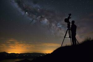 een sterrenkijker zitstokken Aan een heuvel, zijn telescoop wees naar de nacht de hemel hemel- lichamen. generatief ai foto