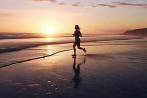 een atleet, rennen Aan een geïsoleerd strand Bij de breken van ochtendgloren. generatief ai foto