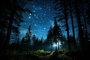 sterrenhemel nacht lucht met de silhouet van pijnboom bomen in de voorgrond. generatief ai foto