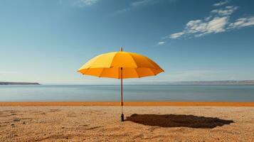 minimalistische schot, single geel paraplu Aan een uitgestorven strand. generatief ai foto