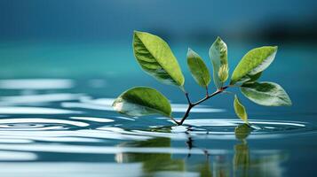 een single blad drijvend Aan een perfect nog steeds water oppervlak. generatief ai foto