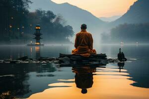 monnik mediteren Bij de rand van een sereen meer Bij ochtendgloren. generatief ai foto