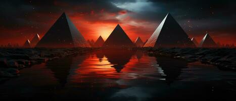 breed - hoek schot, abstract landschap van glinsterende rood en zwart piramide - Leuk vinden structuren. generatief ai foto