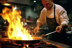 een ervaren chef vlammen een koekepan in een bezig restaurant keuken. generatief ai foto