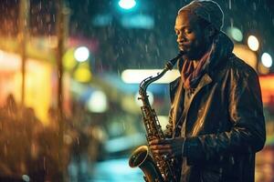 een straat musicus Toneelstukken een soulvol melodie Aan een saxofoon. generatief ai foto