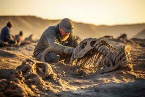 Bij een afgelegen archeologisch graven, een wetenschapper onthult de Versteend stoffelijk overschot van een prehistorisch schepsel. generatief ai foto