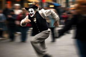 Aan een stad straat, een mime artiest presteert. generatief ai foto