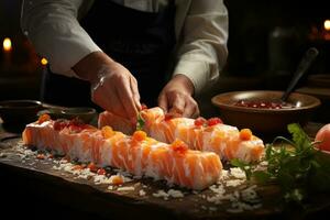 een sushi chef-kok precisie en vaardigheid, geopenbaard in de bouwen van nigiri. generatief ai. foto