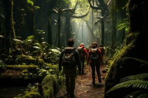 avontuur film tafereel. ontdekkingsreizigers levendig uitrusting contrasten met een dicht de jungle eentonig groente, oproepen tot sensatie en Gevaar. generatief ai. foto