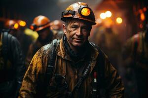 mijnwerker spannend een steenkool de mijne gedekt in aarde en roet. generatief ai foto