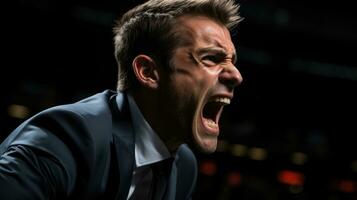 zakenman in een pak schreeuwt boos. zijn gezicht is verwrongen met woede. foto