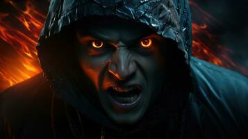 een boos, mysterieus Mens in een zwart capuchon met rood licht in zijn ogen. foto