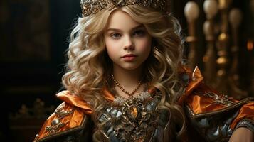 halloween koningin - vorstelijk meisje in koningin kostuum golvend scepter. generatief ai foto