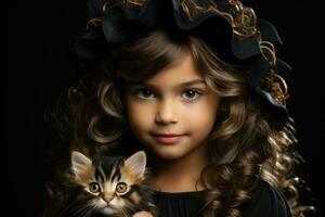 glimlachen meisje in kostuum met haar kat voor halloween. generatief ai foto