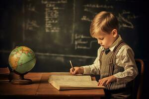 een schattig foto van een jong jongen zittend in voorkant van de schoolbord en schrijven in een notebook. generatief ai