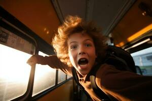 een laag hoek schot van een jongen gretig beklimming op een school- bus. generatief ai foto