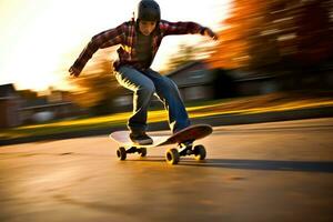 een milieu vol lichaam schot van een tiener- jongen Aan een skateboard, racing uit naar school. generatief ai foto