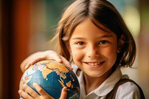vrolijk hoofdschot foto van een jong meisje met sproeten en twee vlechtjes Holding een wereldbol. generatief ai