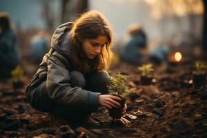 nieuw leven - jong meisje aanplant boom. generatief ai foto