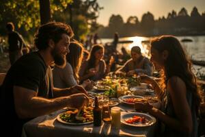 familie tijd - arbeid dag picknick viering. generatief ai foto