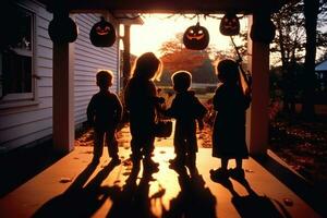 de silhouetten van kinderen truc - of - behandelen, verlicht door de warm gloed van een jack - O' - lantaarn Aan een portiek. generatief ai foto