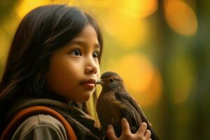 een dichtbij - omhoog van een meisje, haar vogel neergestreken Aan haar schouder. generatief ai foto