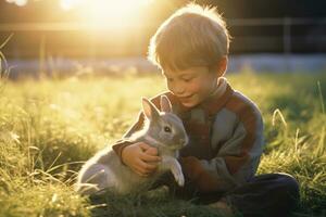 een kind fascinatie en teder wisselwerking met een konijn. generatief ai foto
