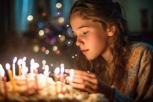 een profiel visie van een tiener- meisje maken een wens voordat blazen uit haar verjaardag kaarsen. generatief ai foto
