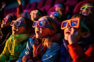 een hedendaags tafereel van kinderen in 3d bril aan het kijken een avontuur film. generatief ai foto