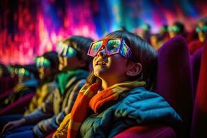 een hedendaags tafereel van kinderen in 3d bril aan het kijken een avontuur film. generatief ai foto
