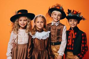 kinderen, gekleed in een verscheidenheid van halloween kostuums, in een laag - hoek schot tegen een warm pastel oranje achtergrond. generatief ai foto