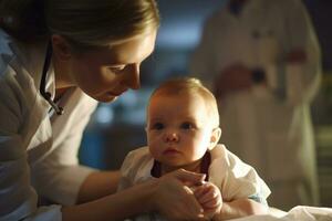 een dichtbij - omhoog visie van een vrouw dokter voorzichtig onderzoeken een baby in een kliniek. generatief ai foto