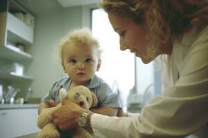 een dichtbij - omhoog visie van een vrouw dokter voorzichtig onderzoeken een baby in een kliniek. generatief ai foto