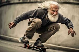 dichtbij - omhoog schot. de dynamisch beweging van een ouderen Mens skateboarden Bij een indrukwekkend snelheid. generatief ai foto