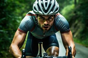 de uithoudingsvermogen van een mannetje fietser net zo hij races naar beneden een toneel- weg. generatief ai foto