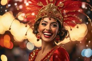 de betoverend schoonheid van een vrouw gekleed in een levendig en kleurrijk nieuw jaar kostuum tegen een levendig backdrop in een studio instelling. generatief ai foto